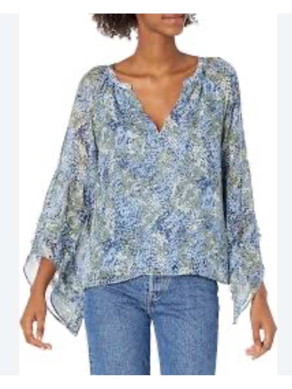 Ramy Brook 100% Silk Floral Blouse Vneck Blue Large Long Sleeve Tiered